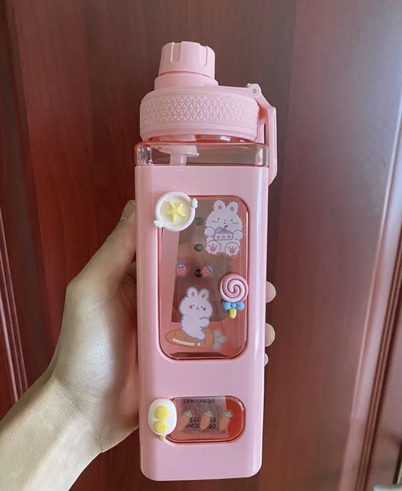Cutezie Kawaii Bear Water Bottle with Straw Stickers with Straw Cute Large Water Bottles Leakproof Cute aethestic Plastic Sports Bottle for Girls, for School, Juice, Tea & Travel Pack Of 1 Pink,White