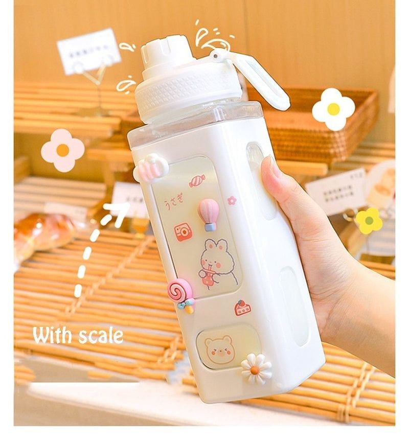Cutezie Kawaii Bear Water Bottle with Straw Stickers with Straw Cute Large Water Bottles Leakproof Cute aethestic Plastic Sports Bottle for Girls, for School, Juice, Tea & Travel Pack Of 1 Pink,White